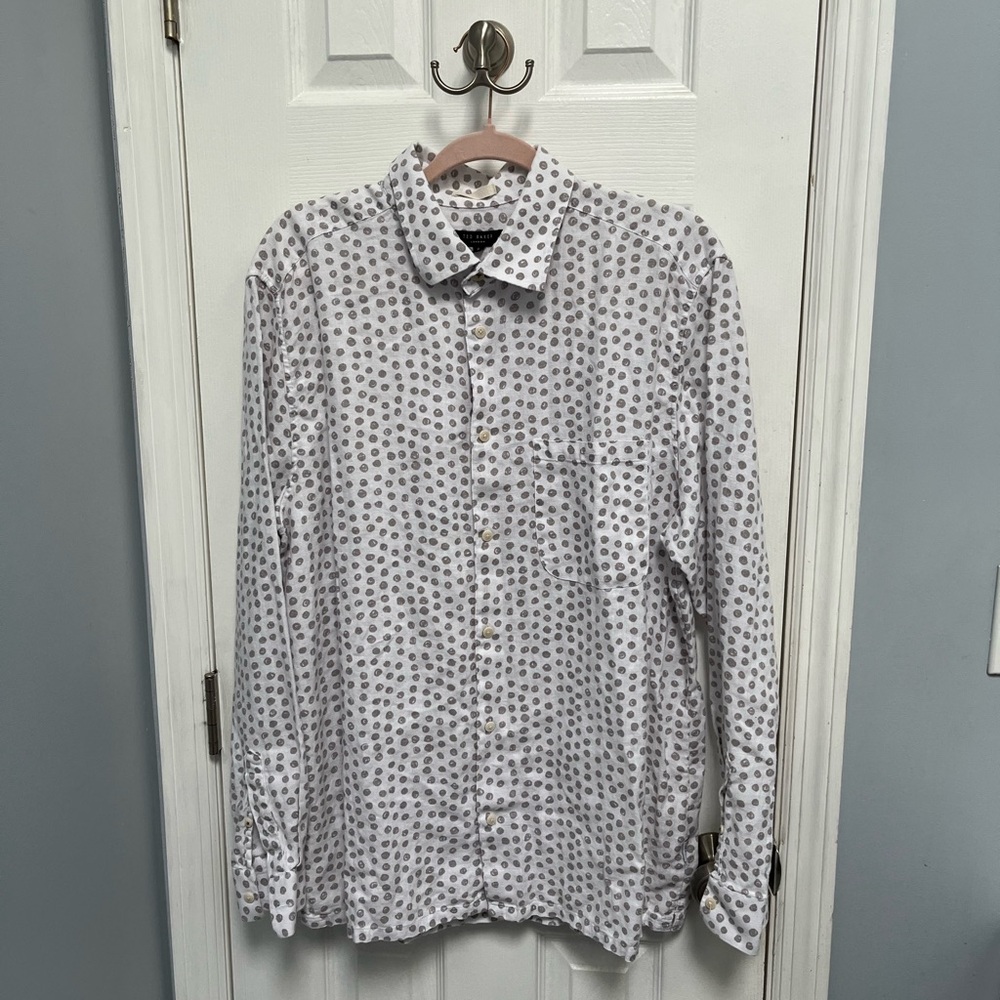 Ted Baker 100% Linen Mens Button Up Long Sleeve Shirt Size 6 2X Polka Dot